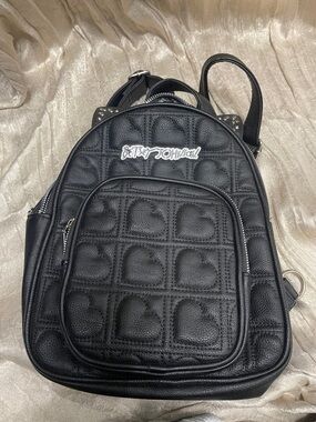 Betsey Johnson Black Quilted Heart Cat Ear Backpack with Silver Logo